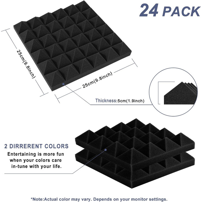 Звукопоглинаючі панелі AGPtEK, акустичний поролон для студії, офісу та кімнати (25 x 25 x 5 см, 24 шт), чорний