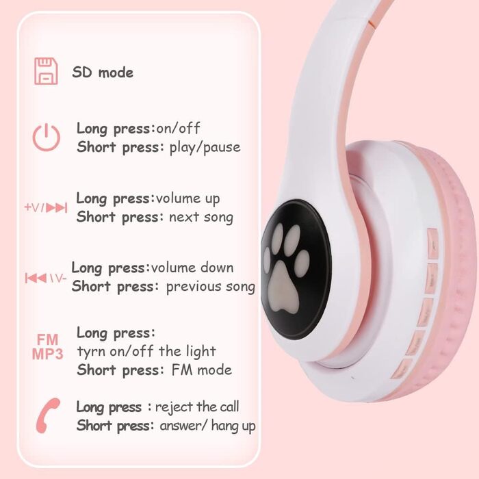 Дитячі навушники AXFEE з Bluetooth, Over-Ear, котячі вушка, LED-підсвітка, мікрофон, Micro SD/TF, рожеві