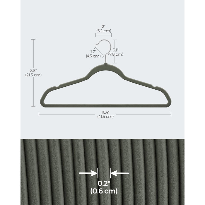 SONGMICS Плечики для одягу з оксамиту, 20 шт., для сорочок, жакеток, костюмів, 41.5 см, обертовий гачок, сірий