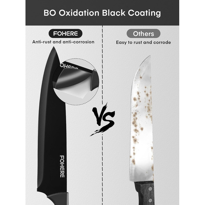 FOHERE 13-Piece Stainless Steel Knife Set with Block & Sharpener - Ergonomic Black Granite Handles