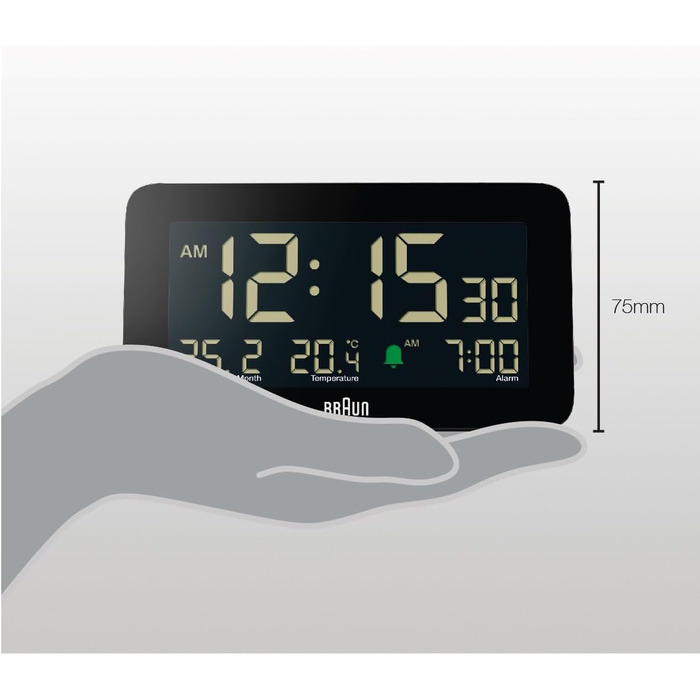 Braun Digital Alarm Clock with Date, Month, and Temperature Display, Negative LCD Display, Quick Set Function, and Gradual Alarm Sound in Black, Model BC10B.