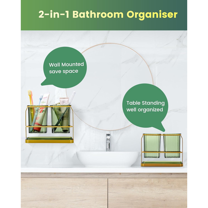 KONE Toothbrush Holder, Wall Mount, Bathroom, Hanging Electric Toothbrush Holder with 2 Removable Compartments, Drainage, Dry and Wet Separation for Bathroom, Kitchen, Family (White) (Gold)