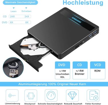 Зовнішній CD/DVD привід для ноутбука, тонкий алюмінієвий Slim-брунер з чохлом, чорний