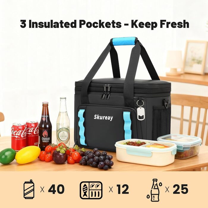 Велика розширювана сумка-холодильник з м'якого матеріалу, двоярусна ланч-сумка для жінок та чоловіків, вміщує 40 банок, вологостійка та портативна – ідеально для пляжу, кемпінгу, подорожей. Чорний колір