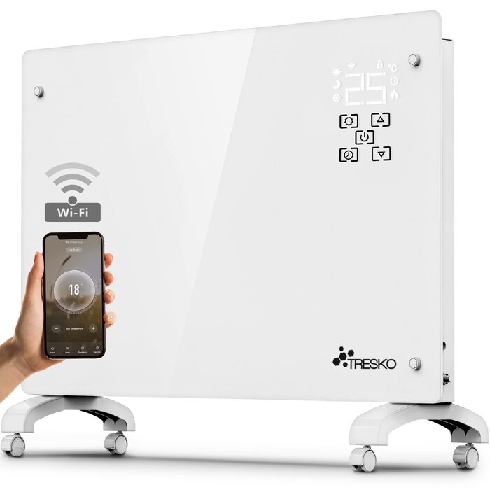 Скляний конвектор TRESKO 1500W з WiFi та керуванням через додаток, настінний та підлоговий електричний обігрівач, білий