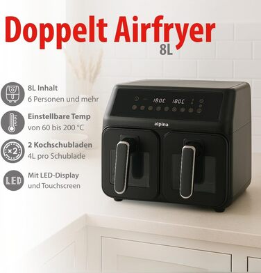 Фритюрниця Alpina Heißluft XXL: Air Fryer для 4-6 осіб, 1800W, 8L, 80-200°C, таймер 2 години, цифровий дисплей