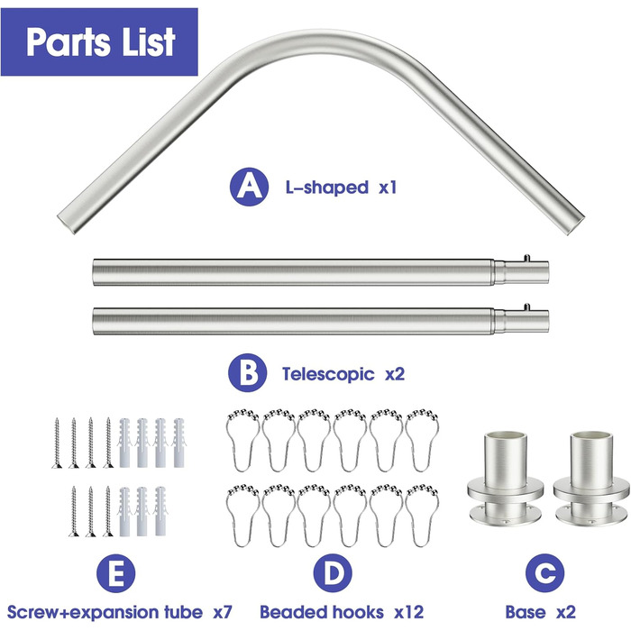 Регульована кутова штанга для душу L-Form, 68–96 см × 68–96 см, нержавіюча сталь, вологостійка та антикорозійна, з 12 кільцями та комплектом кріплень, срібна