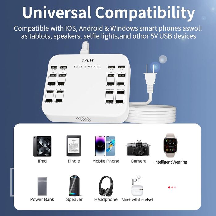 USB-зарядний пристрій 20 портів, портативна станція швидкої зарядки для iPhone, iPad, Samsung, Google, Xiaomi, Huawei та інших пристроїв