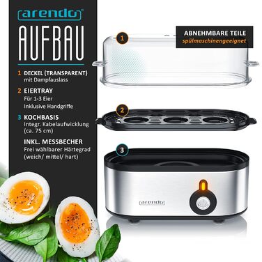 Електричний яйцеварка Arendo Threecook з нержавіючої сталі - 1-3 яйця, регулювання ступеня готовності, безпечний, BPA-free