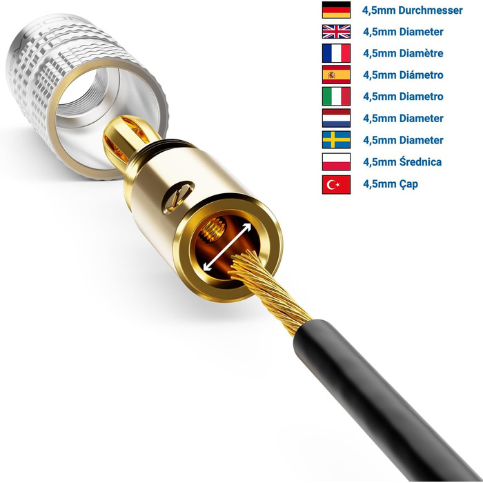 Набір бананових конекторів deleyCON 24 шт. позолочені, гвинтові, для акустичних кабелів 0.75-4.5 мм, Hi-Fi ресивери, срібні