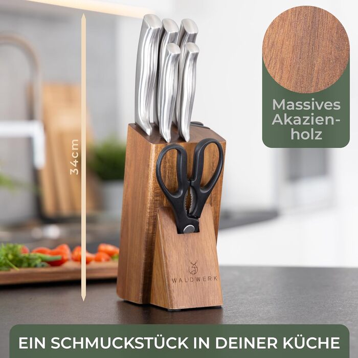 Waldwerk 7-Piece Knife Set with Block & Sharpener - Acacia Wood Knife Block Set - Premium Kitchen Knife Set