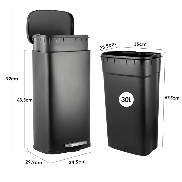 Відро для сміття LIFERUN 30л з кришкою, з м'яким закриттям, сталеве, з внутрішнім відром, для кухні, ванної кімнати, офісу, чорне