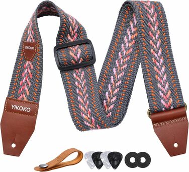 Гітарний ремінь 5,1 см з бавовни, з шкіряними кінцями для бас-, електро- та акустичних гітар (Сірий)