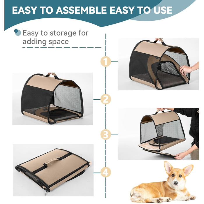 Складана переноска для собак Petfit для маленьких собак і котів, портативна та з гарною вентиляцією, для дому, з вигнутим дахом, переноска-ліжко для собак з анти-відкриваючим блискавкою та подушкою (Хакі, M)