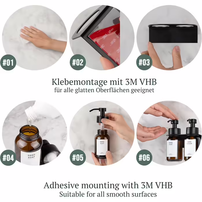 MONOKO | Glass Soap Dispenser Wall Mount No Drilling | Dish Soap Holder Wall Bracket Kitchen | Brown Self-Adhesive Soap Dispenser | 250ml with Stainless Steel Pump Dispenser