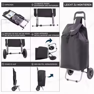 Hoppa 57L Stable Shopping Trolley, Foldable Shopping Trolley, Multifunctional Shopping Cart with Removable Bag, Rolling Shopping Cart, Wagon (Black)