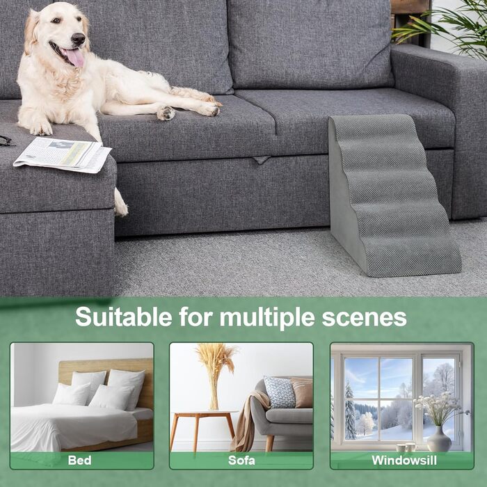 LIANTRAL Dog Stairs, 3 Steps Dog Staircase for Bed and Sofa, Made of High-Density Sponge, Cat Stairs Dog Ramp with Removable, Washable Cover and Pet Hair Remover Roller, 40 cm High (5 Steps Grey)