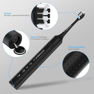 Електрична зубна щітка для дорослих з акумулятором 240 днів, 8 насадок, 3 режими, таймер 2 хв, IPX7 водонепроникна, чорна