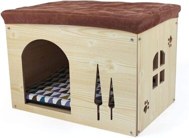 Wooden Dog House with Mattress - Detachable Cat House in Shoe Locker Shape - Indoor Pet House for Cats, Puppies, Dogs & Small Animals - All Seasons Pet Nest - Beige, Large (L)