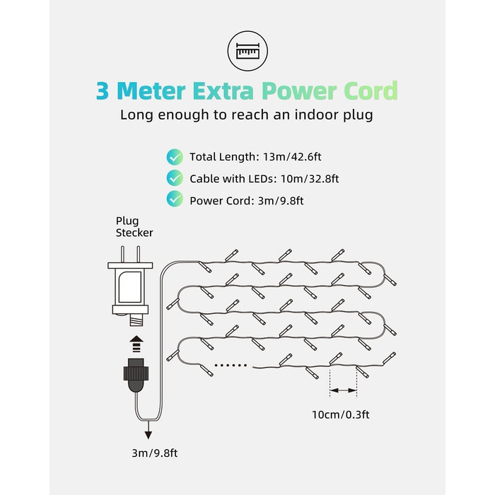 Льорочка LEDYA 200 LED, 10м, тепле біле світло, 8 режимів, IP44, для декору балкона, саду, внутрішніх та зовнішніх приміщень