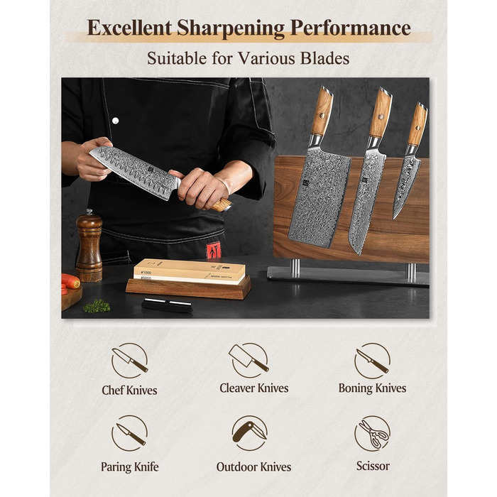 Набір для заточування ножів XINZUO: алмазний плоскою точило 2-в-1 з дерев'яною підставкою, зернистість 1000/5000