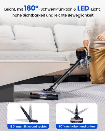 Proscenic P11 Lite 38kPa/400W Cordless Vacuum Cleaner - Lightweight, 40-Minute Replaceable Battery, LED Display, Pet-Friendly, Suitable for Carpets/Hard Floors, Black-Gold