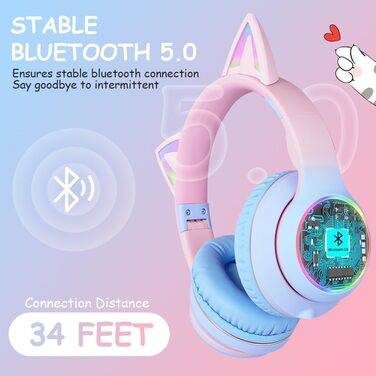 Дитячі навушники AXFEE з Bluetooth, Over-Ear з LED-підсвіткою, котячі вушка, рожево-блакитні, з мікрофоном та підтримкою Micro SD/TF для телефону/планшета/ПК
