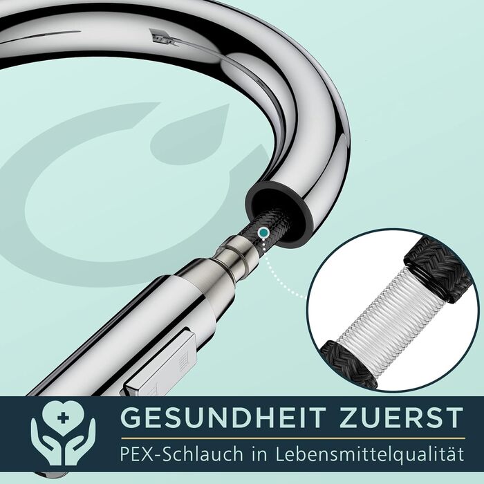 Змішувач кухонний FORIOUS чорного кольору з високим виливом та висувною лійкою, поворотний на 360°, полірований хром