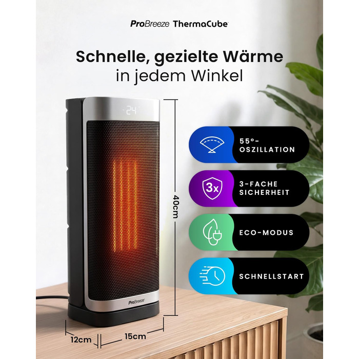 Керамічний тепловентилятор-товіль Pro Breeze ThermaCube Plus 2200W з термостатом, дистанційним керуванням та Eco-режимом, поворот 65°, захист від перекидання