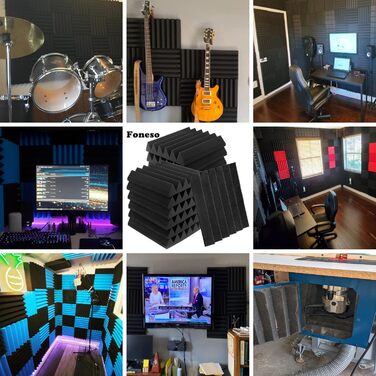 Акустичний поролон Foneso для звукоізоляції, панелі-поглиначі шуму 30x30x5 см, висока щільність 25кг/м³, чорний (12 шт) для студії, офісу та кінотеатру