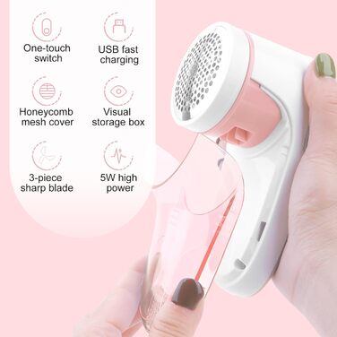 Електричний видальник ворсу для одягу та в'язаних виробів з USB-кабелем та 2 змінними лезами (рожевий)