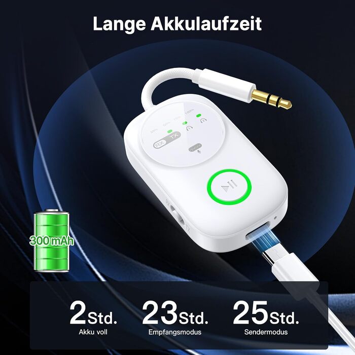 Bluetooth 5.4 адаптер 2-в-1 (передавач та приймач) для навушників, ТВ, ПК та авто, з мікрофоном та роз'ємом 3.5 мм, білий