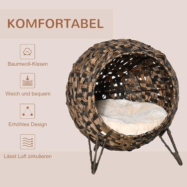 PawHut Rattan Cat House with Cushion, Cat Sleeping Place, Cat Cave with Raised Feet, Natural Ø52 x 58 cm (Brown)