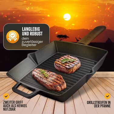 Чавунна гриль-сковорода емальована 26 см, з рифленим дном для стейків, підходить для всіх плит