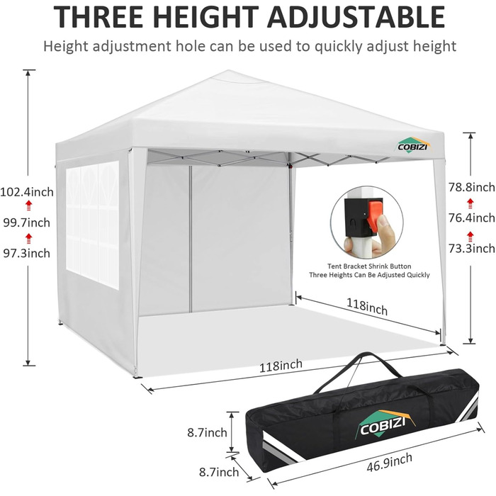 COBIZI Folding Gazebo 3x3 Waterproof Stable Pop Up Gazebo Folding 3x3 with 4 Sidewalls | Waterproof | UV Protection 50+ | Gazebo Party Tent for Garden Party Market Picnic | incl. Bag (White)