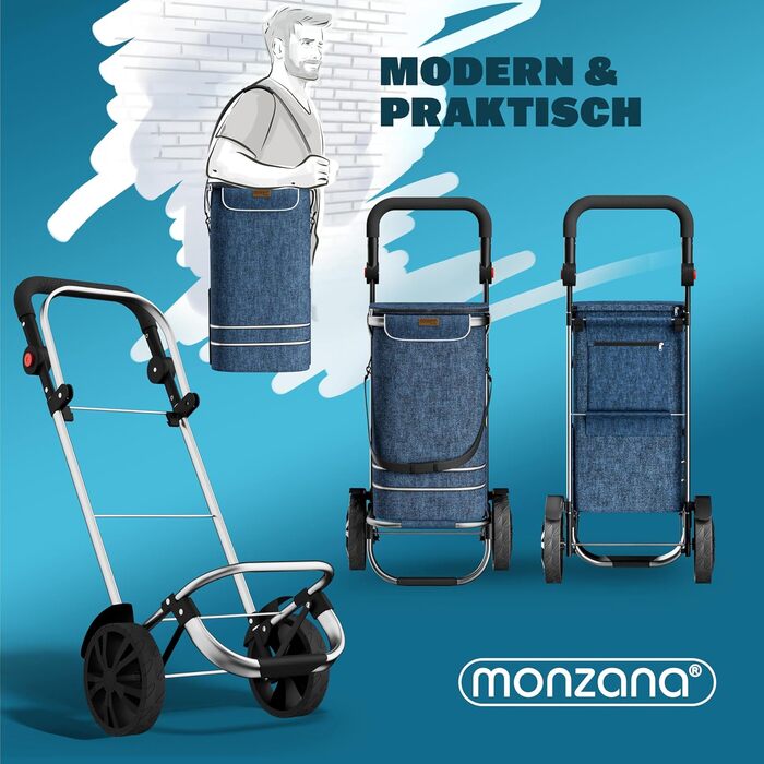 MONZANA® 3в1 Розкладний тележка для покупок 56L, до 50 кг з знімною сумкою, блакитна