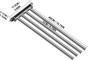 Тримач для рушників у ванну кімнату з 3-ма перекладинами, поворотний, з 3-ма кріпленнями, 40 см, нержавіюча сталь, монтаж на стіну, срібний (тримач для рушників з 4-ма кріпленнями)