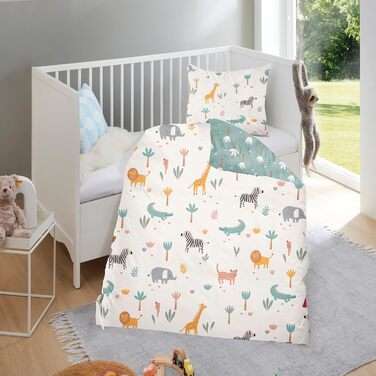 Дитяча постільна білизна комплект (2-частини) з 100% бавовни Oeko-Tex - ковдра 100x135 см та подушка 40x60 см з блискавкою. Дитяча постіль, дихаюча, регулює температуру, Сафарі з тваринами