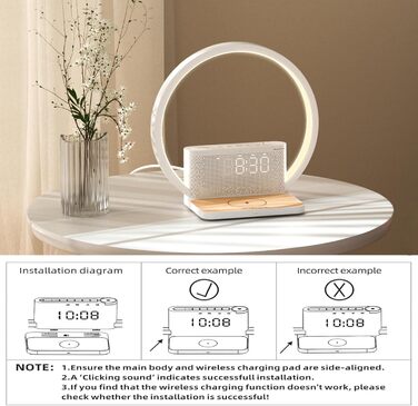 Нічна лампа RETEYUNG з бездротовою зарядкою 10W, 2 будильники, денний світловий будильник, 10 заспокійливих звуків, сенсорне регулювання яскравості (3 рівні), стиль арт-деко
