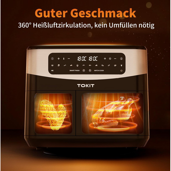 Фритюрниця TOKIT з подвійним зондом, 2800 Вт, 10 л, 12 програм, з вікном, без олії, 2 ящики, LED-touchscreen, 90% менше жиру