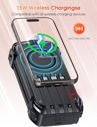 Портативний зарядний акумулятор 26800mAh з сонячною панеллю, 30W PD, 15W Wireless, 3 порти, ліхтарик, для телефонів та планшетів, чорний