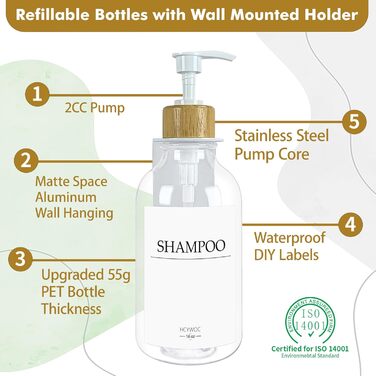 Набір дозаторів для мила, шампуню та миючого засобу на стіну, 500 мл, 3 шт., прозорий + бамбук