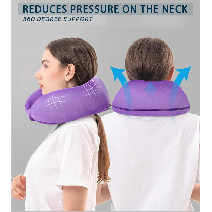 Подушка для шиї, зручна, портативна, регульована, з Memory Foam, U-подібна, для подорожей (літак, кемпінг, поїзд, авто, офіс), фіолетовий