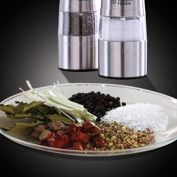 Електричні млини Russell Hobbs для солі та перцю, набір 2 шт, нержавіюча сталь, керамічний механізм, регульований помел, LED підсвітка, для спецій та трав, модель 23460-56