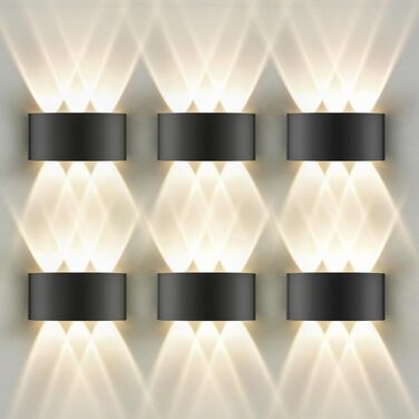 LED-стінні світильники Oraymin (2 шт.) IP65, 6W, 6 джерел світла, 3000K, для дому та вулиці (чорний)