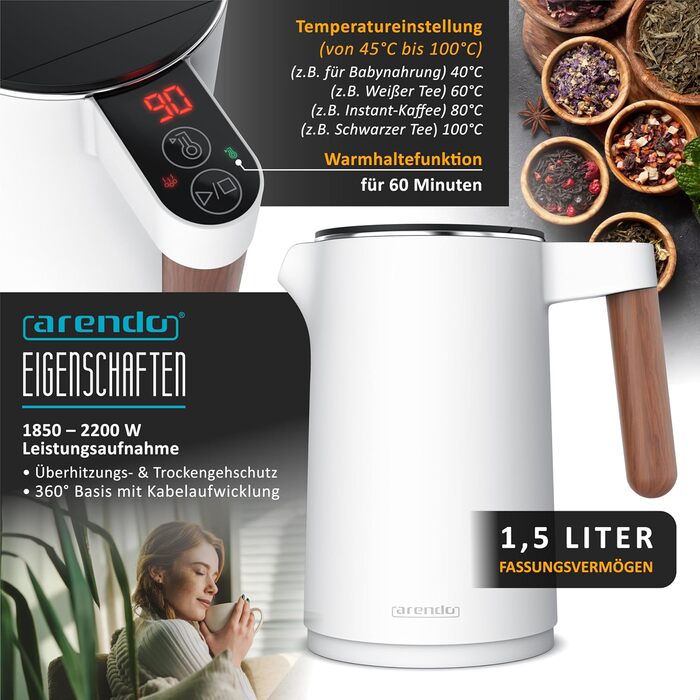 Набір Arendo: чайник з регулюванням температури та тостер на 4 тости з підігрівом - нержавіюча сталь, білий матовий