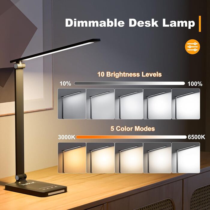 TOPPLEE LED Desk Lamp - Dimmable Table Lamp with Rechargeable Battery, 5 Colors & 10 Brightness Levels, USB Charging Port, Office Lamp for Kids & Home, Black