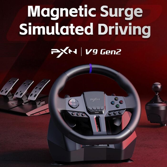 PXN V9 Gen2 Руль для ПК з педалями та перемикачем передач, 270/900° оберт, Магнітний енкодер, Датчик Hall Effect, сумісний з PC, PS4, Xbox One, Xbox Series X|S