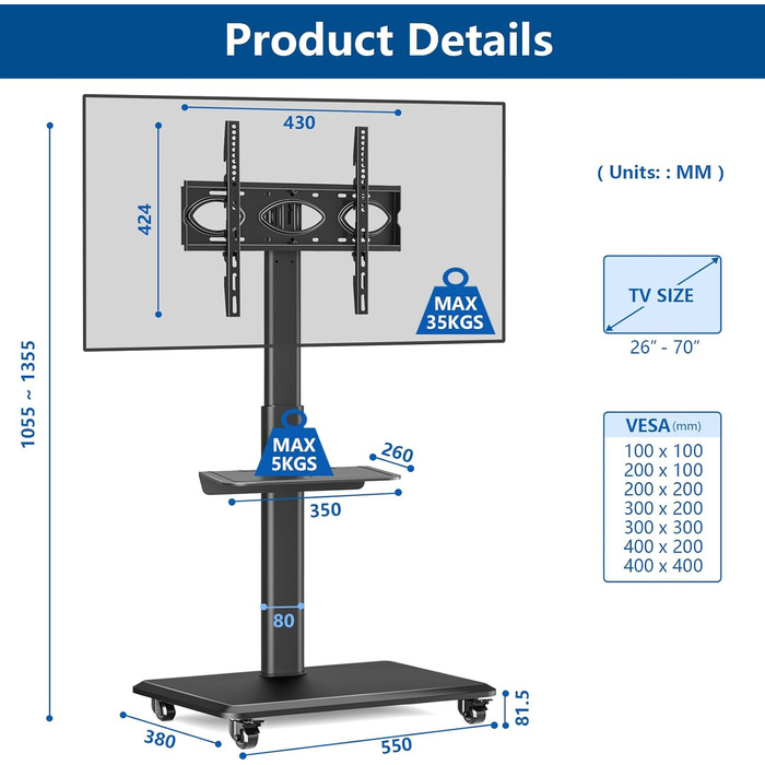 Підставка для телевізора на коліщатках RFIVER, мобільна, поворотна, чорна, для телевізорів 26-70 дюймів, VESA 400x400, до 35 кг