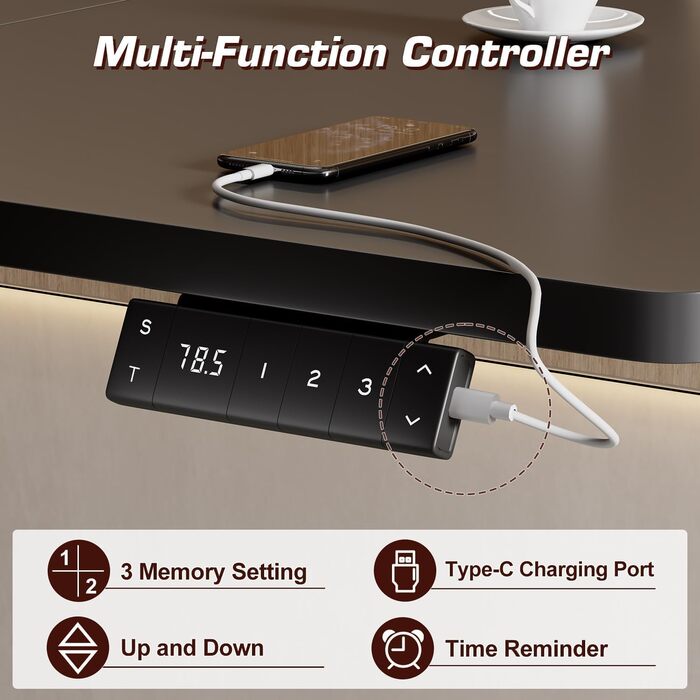Електричний регульований стіл Airfish з USB-C зарядкою, кабелеуправлінням та 3 рівнями пам'яті (140 x 80 см, чорний)